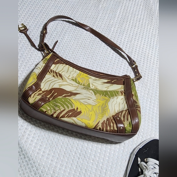 ETIENNE AIGNER EUC LEATHER & CLOTH TROPICAL PLANT PRINT HOBO BAG - Picture 1 of 7